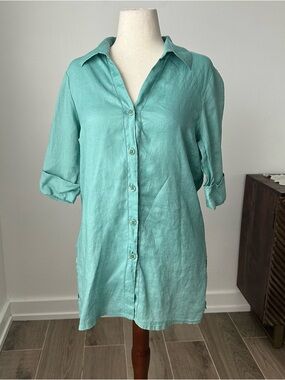 Rafaella Short Sleeve Teal Longline Linen Button Up Shirt